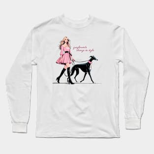 Pretty Lady in Pink Walking Greyhound Long Sleeve T-Shirt